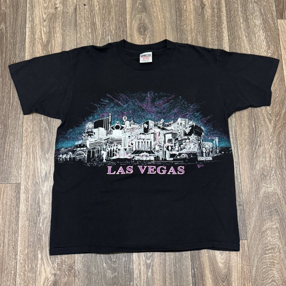Vintage 90s Oneita Las Vegas Skyline T-Shirt Men’s Large Black USA Single Stitch